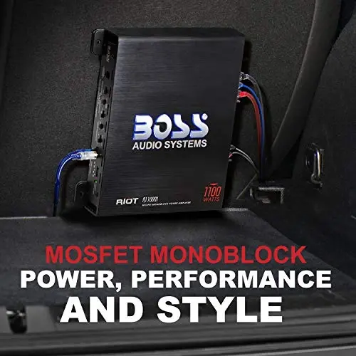 BOSS Audio Systems R1100MK Car Amplifier and 8 Gauge Wiring Kit - 1100 Watts Max Power, 2-4 OModazone Stable, Class A/B, Monoblock, Mosfet Power Supply, Remote Subwoofer Control - 2