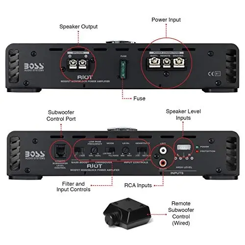 BOSS Audio Systems R1100MK Car Amplifier and 8 Gauge Wiring Kit - 1100 Watts Max Power, 2-4 OModazone Stable, Class A/B, Monoblock, Mosfet Power Supply, Remote Subwoofer Control - 3