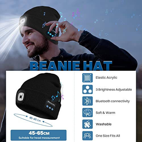 Bosttor Bluetooth Beanie Hat with Light, Headlamp Cap with Headphones and Built-in Speaker Mic, Gifts for Men Women Teen - 2