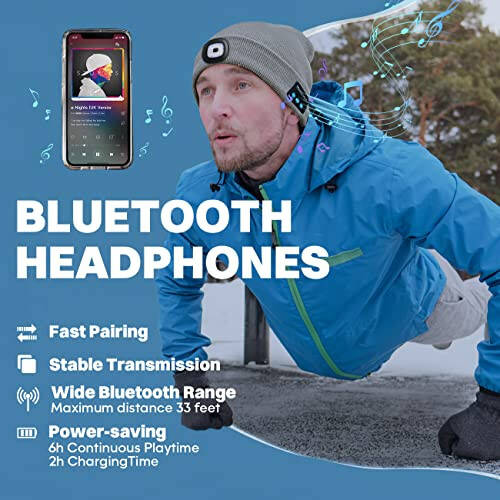 Bosttor Bluetooth Beanie Hat with Light, Headlamp Cap with Headphones and Built-in Speaker Mic, Gifts for Men Women Teen - 3