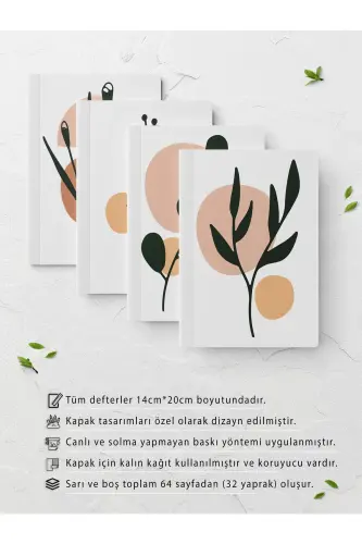 Botanik Çizgisiz Defter Seti - 4 Adet - 14cm*20cm - 64 Sayfa-Renkli III - POSTIFULL (1)