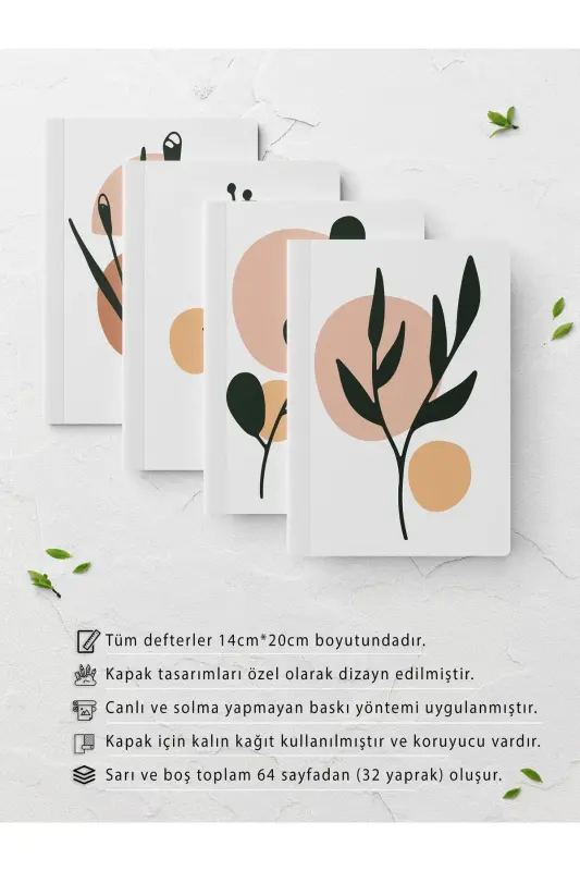 Botanik Çizgisiz Defter Seti - 4 Adet - 14cm*20cm - 64 Sayfa-Renkli III - 2