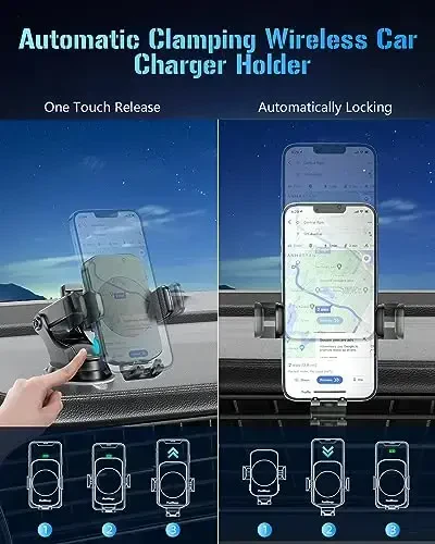 BothLin Wireless Car Charger, Fast Charging Phone Holder 3 in 1 Phone Mount Auto Clamping Car Accessories Compatible with iPhone 16 15 14 13 12 11 Xs XR, Samsung S23 Ultra S22 S21 S20/S10+ S9+ Note 9 - 4