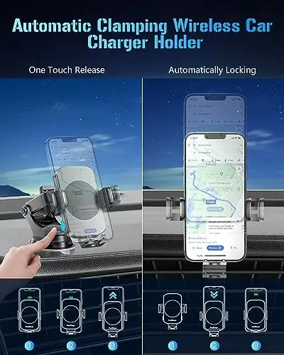 BothLin Simsiz Avtomobil Zaryadlovchisi, Tez Zaryadlovchi Telefon Uskunasi 3 ta 1da Telefon O'rnatish Avtomatik Qisqichli Avtomobil Aksesuarlari iPhone 16 15 14 13 12 11 Xs XR, Samsung S23 Ultra S22 S21 S20/S10+ S9+ Note 9 bilan mos keladi - 4