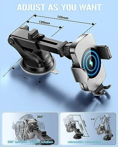 BothLin Simsiz Avtomobil Zaryadlovchisi, Tez Zaryadlovchi Telefon Uskunasi 3 ta 1da Telefon O'rnatish Avtomatik Qisqichli Avtomobil Aksesuarlari iPhone 16 15 14 13 12 11 Xs XR, Samsung S23 Ultra S22 S21 S20/S10+ S9+ Note 9 bilan mos keladi - 6