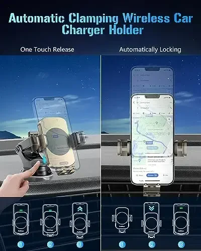 BothLin Wireless Car Charger, Fast Charging Phone Holder 3 in 1 Phone Mount Auto Clamping Car Accessories Compatible with iPhone 16 15 14 13 12 11 Xs XR, Samsung S23 Ultra S22 S21 S20/S10+ S9+ Note 9 - 4