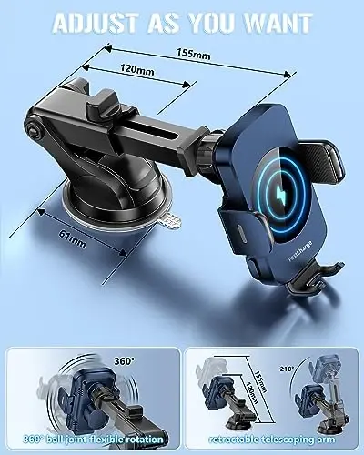 BothLin Wireless Car Charger, Fast Charging Phone Holder 3 in 1 Phone Mount Auto Clamping Car Accessories Compatible with iPhone 17 16 15 14 13 12 11 Xs XR, Samsung S23 Ultra S22 S21 S20(Deep Blue) - 5