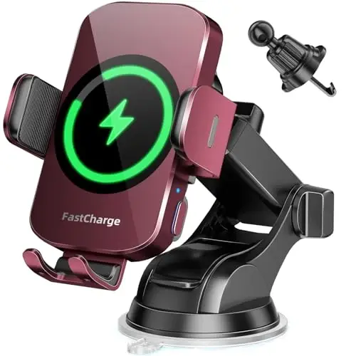 BothLin 3-in-1 Wireless Car Charger Mount, 15W Fast Charging Auto-Clamping Phone Holder for iPhone 17 16 15 14, Samsung Galaxy S24 S23, Dashboard, Vent & Windshield Car Mount(Deep Red) - 1