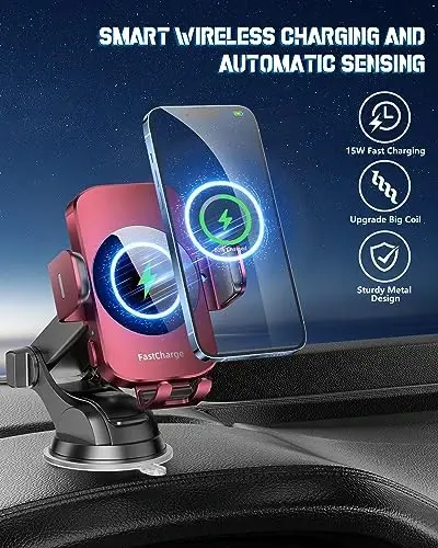 BothLin 3-in-1 Wireless Car Charger Mount, 15W Fast Charging Auto-Clamping Phone Holder for iPhone 17 16 15 14, Samsung Galaxy S24 S23, Dashboard, Vent & Windshield Car Mount(Deep Red) - 2