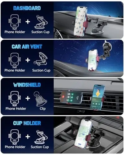 BothLin 3-in-1 Wireless Car Charger Mount, 15W Fast Charging Auto-Clamping Phone Holder for iPhone 17 16 15 14, Samsung Galaxy S24 S23, Dashboard, Vent & Windshield Car Mount(Deep Red) - 3