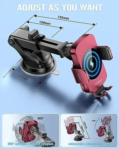 BothLin Wireless Car Charger, Fast Charging Phone Holder 3 in 1 Phone Mount Auto Clamping Car Accessories Compatible with iPhone 17 16 15 14 13 12 11 Xs XR, Samsung S23 Ultra S22 S21 S20(Deep Red) - 5