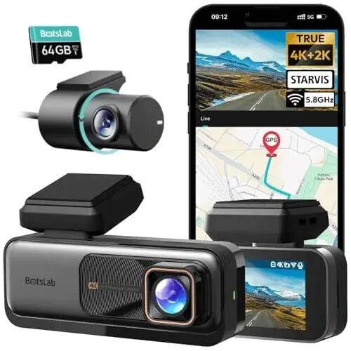 BOTSLAB G980H 4K STARVIS Dash Cam Front and Rear, 64GB Card[2026 Upgraded] | 5.8GHz WiFi, Superior WDR Night Vision, 24H Parking Mode, ADAS, App Control, Built-in GPS, Loop Recording, Supercapacitor - 1