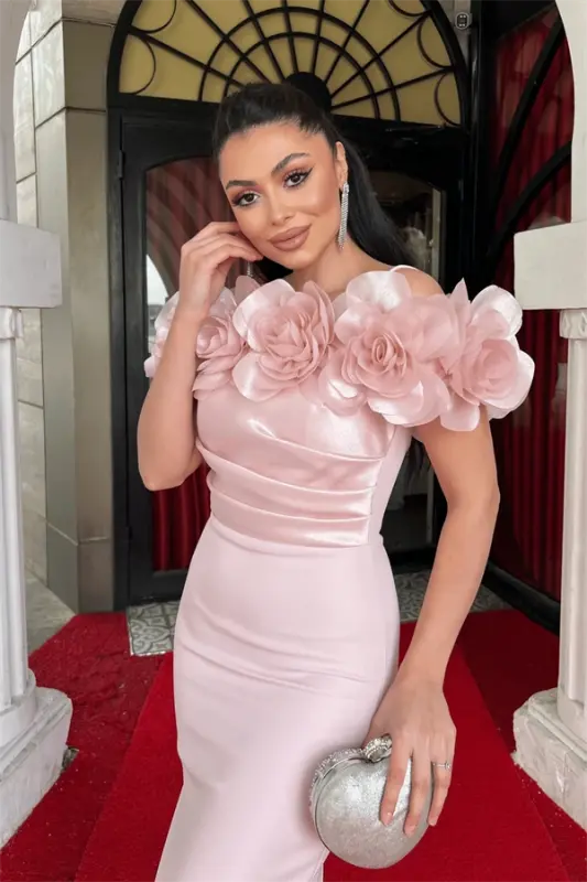 Bottom Satin Fabric Top Organza Fabric Rose Detailed Pencil Dress - POWDER - 3