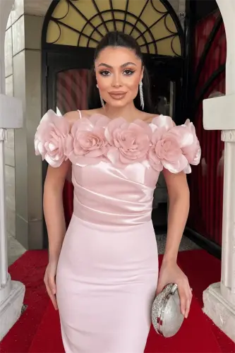 Bottom Satin Fabric Top Organza Fabric Rose Detailed Pencil Dress - POWDER - 4