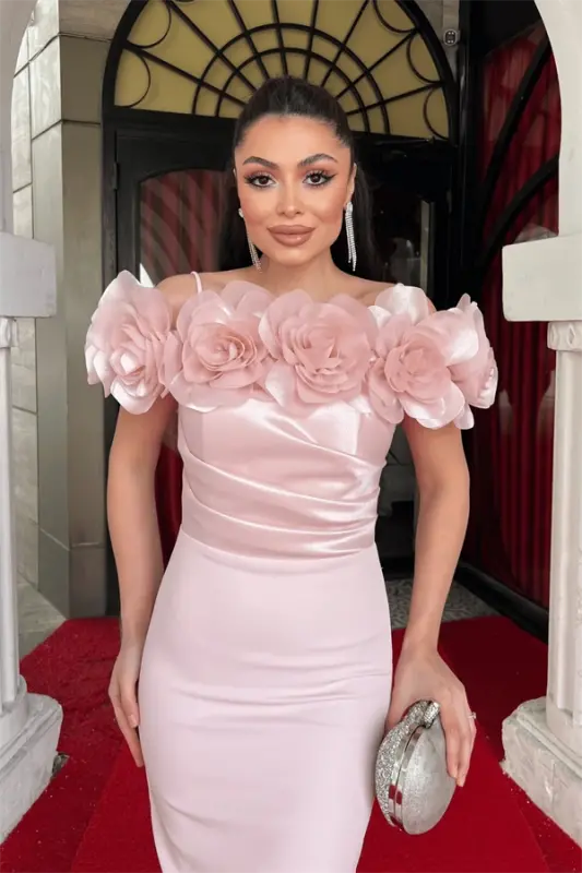 Bottom Satin Fabric Top Organza Fabric Rose Detailed Pencil Dress - POWDER - 4