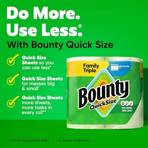 Bounty Paper Towels Quick Size, White, 2 Family Triple Rolls = 6+ Regular Rolls - BOUNTY (1)