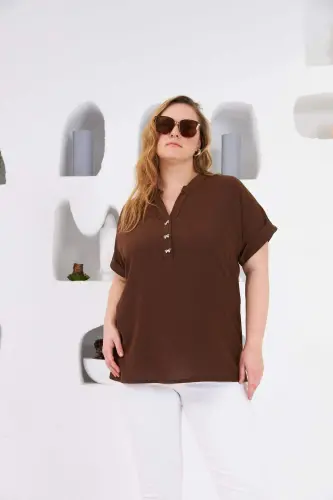 Bow Button Detail Plus Size Blouse Coffee - 1