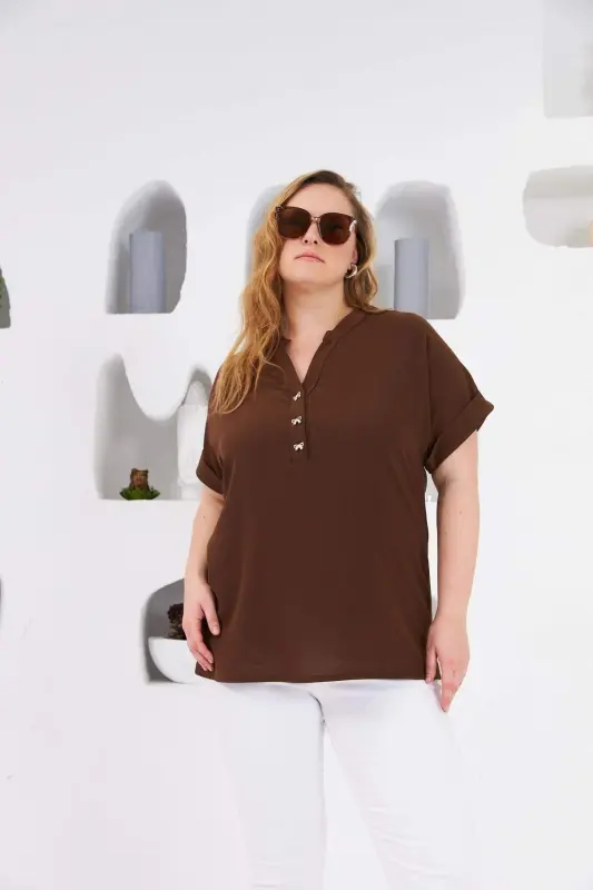 Bow Button Detail Plus Size Blouse Coffee - BÜYÜKBEDENIZ