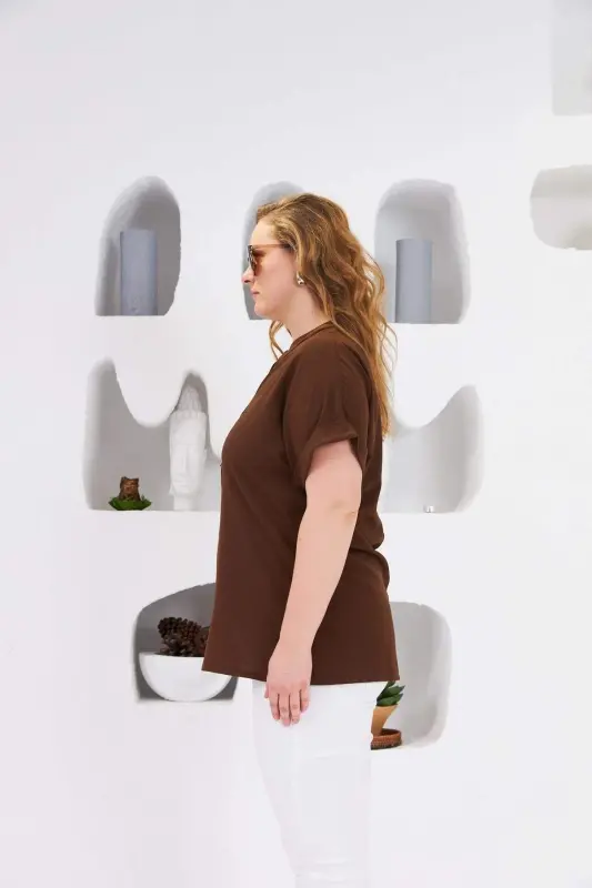 Bow Button Detail Plus Size Blouse Coffee - 2