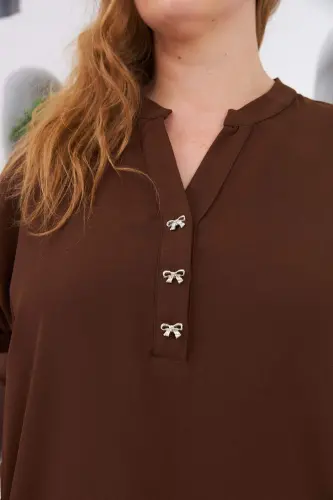 Bow Button Detail Plus Size Blouse Coffee - 3