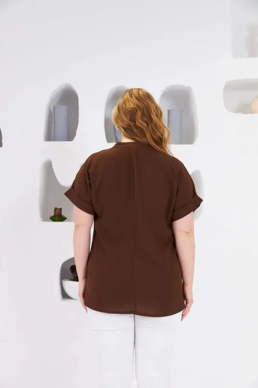 Bow Button Detail Plus Size Blouse Coffee - 4