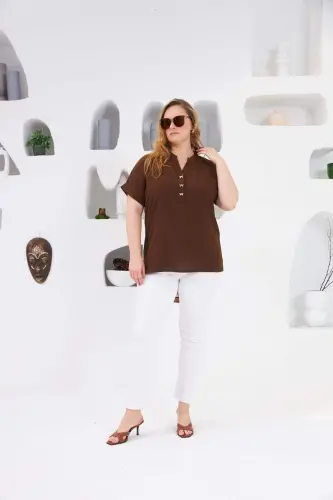 Bow Button Detail Plus Size Blouse Coffee - 5