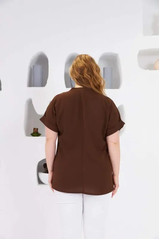 Bow Button Detail Plus Size Blouse Coffee - 4