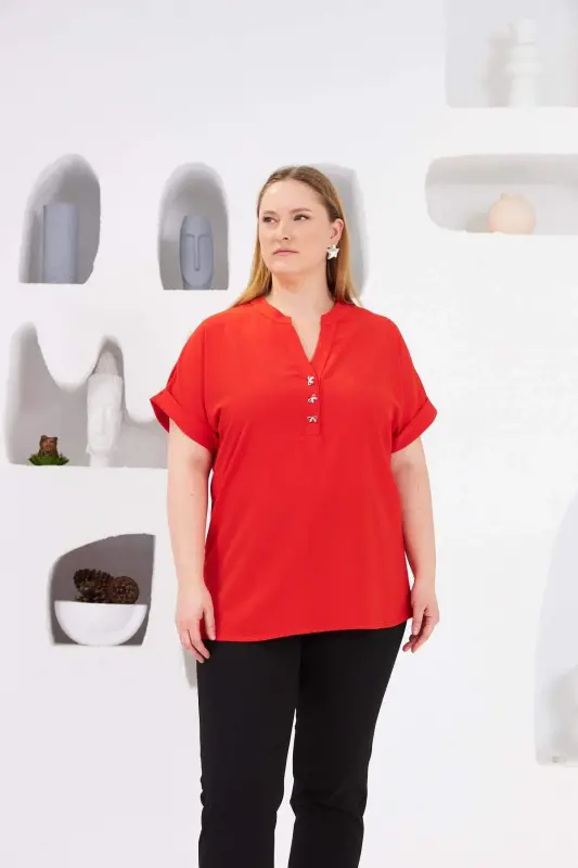 Bow Button Detailed Plus Size Blouse Coral - BÜYÜKBEDENIZ