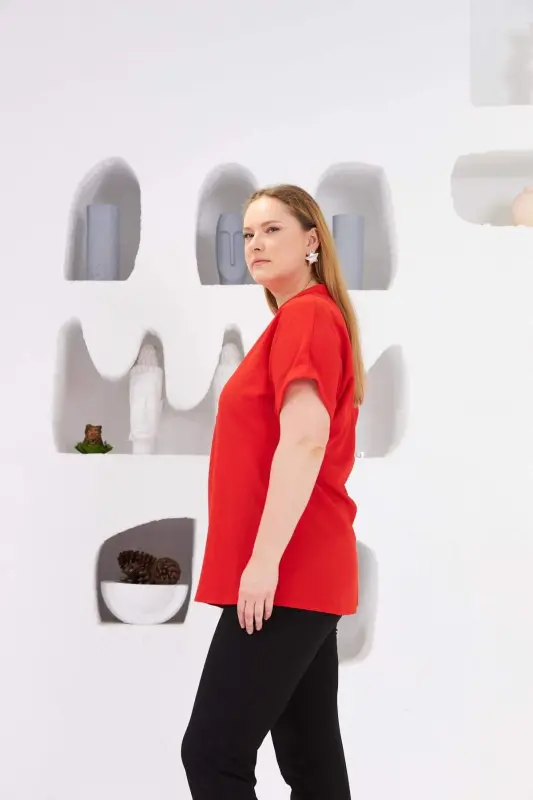 Bow Button Detailed Plus Size Blouse Coral - 2