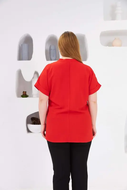 Bow Button Detailed Plus Size Blouse Coral - 4