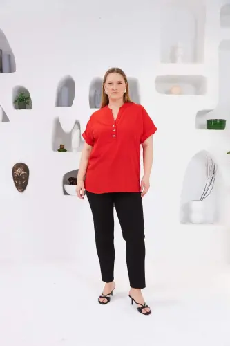 Bow Button Detailed Plus Size Blouse Coral - 5