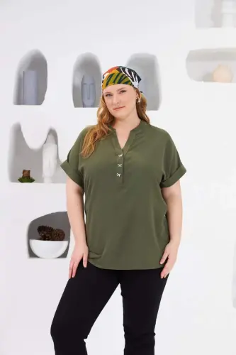 Bow Button Detailed Plus Size Blouse Khaki - 1
