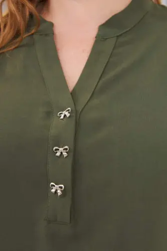 Bow Button Detailed Plus Size Blouse Khaki - 3