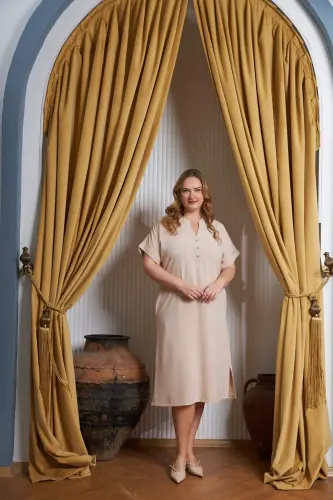 Bow Buttoned Mandarin Collar Plus Size Dress Cream - 1