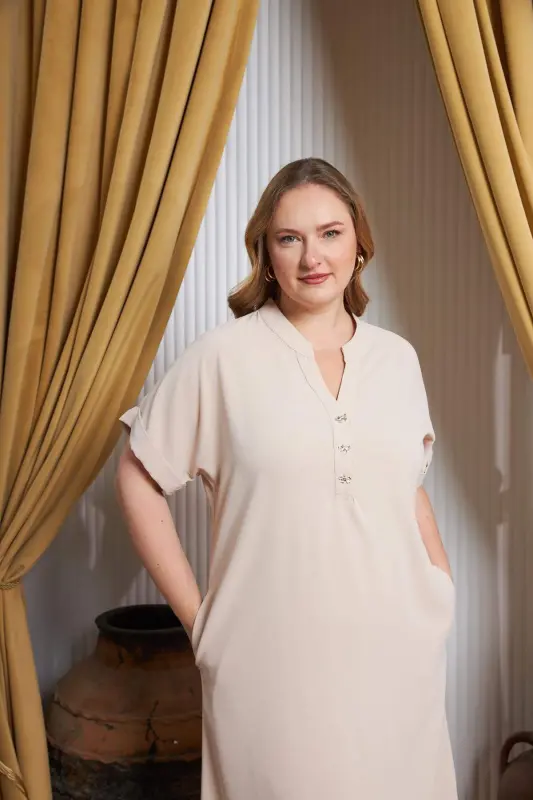 Bow Buttoned Mandarin Collar Plus Size Dress Cream - 3