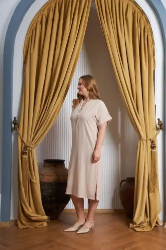 Bow Buttoned Mandarin Collar Plus Size Dress Cream - 4