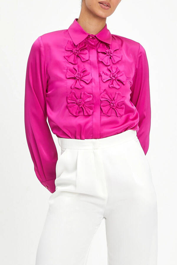 Bow Detail Fuchsia Satin Blouse 40112 - 4