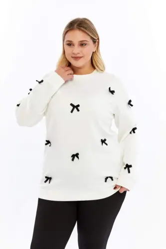 Bow Detail Plus Size Sweatshirt Ecru - BÜYÜKBEDENIZ (1)