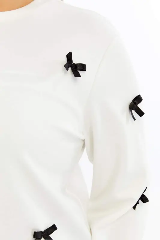 Bow Detail Plus Size Sweatshirt Ecru - 3