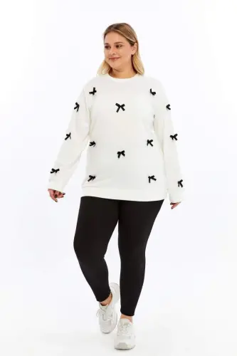 Bow Detail Plus Size Sweatshirt Ecru - 6
