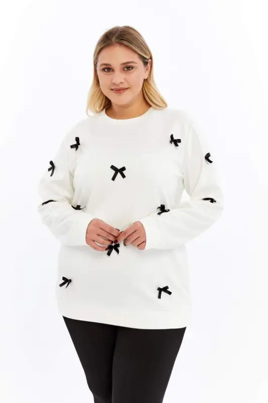 Bow Detail Plus Size Sweatshirt Ecru - 4