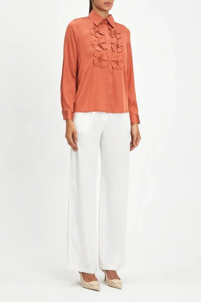 Bow Detail Terracotta Satin Shirt 40112 - Modazone