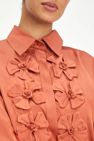Bow Detail Terracotta Satin Shirt 40112 - 3