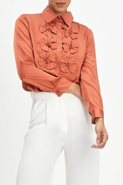 Bow Detail Terracotta Satin Shirt 40112 - 4