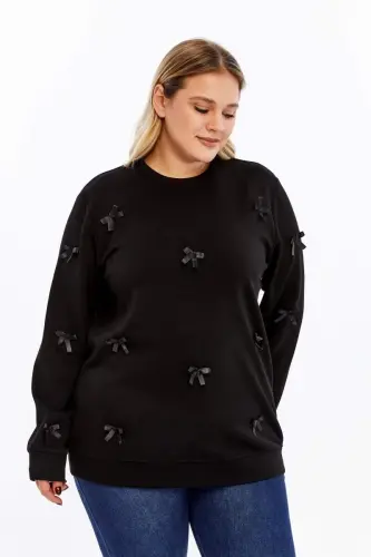 Bow Detailed Plus Size Sweatshirt Black - 3