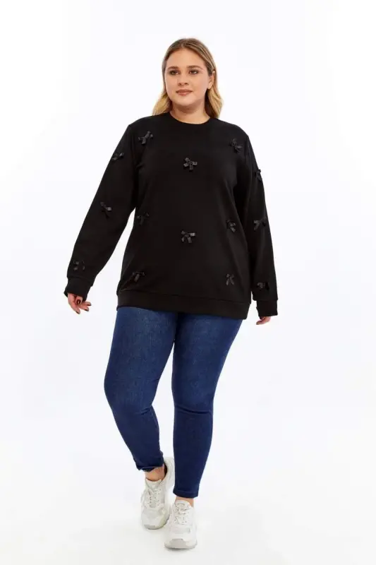 Bow Detailed Plus Size Sweatshirt Black - 5