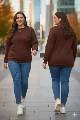 Bow Detailed Plus Size Sweatshirt Coffee - 1