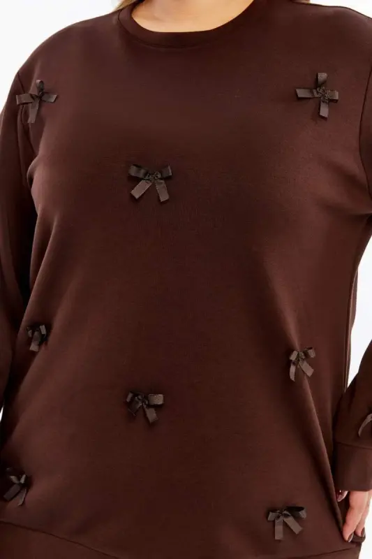 Bow Detailed Plus Size Sweatshirt Coffee - 3