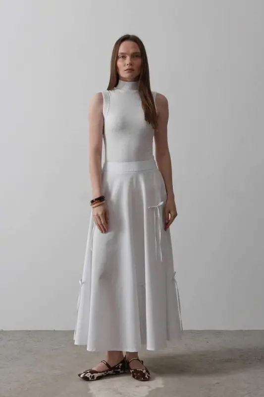 Bow Flared Skirt - White - 1
