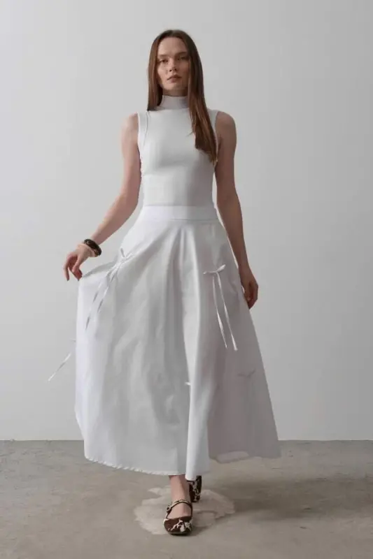 Bow Flared Skirt - White - 3